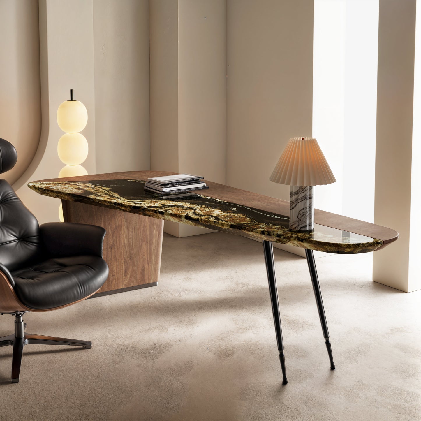 [Coming Soon] Magma, Natural Marble & Wood Top Office Desk (86"x37")