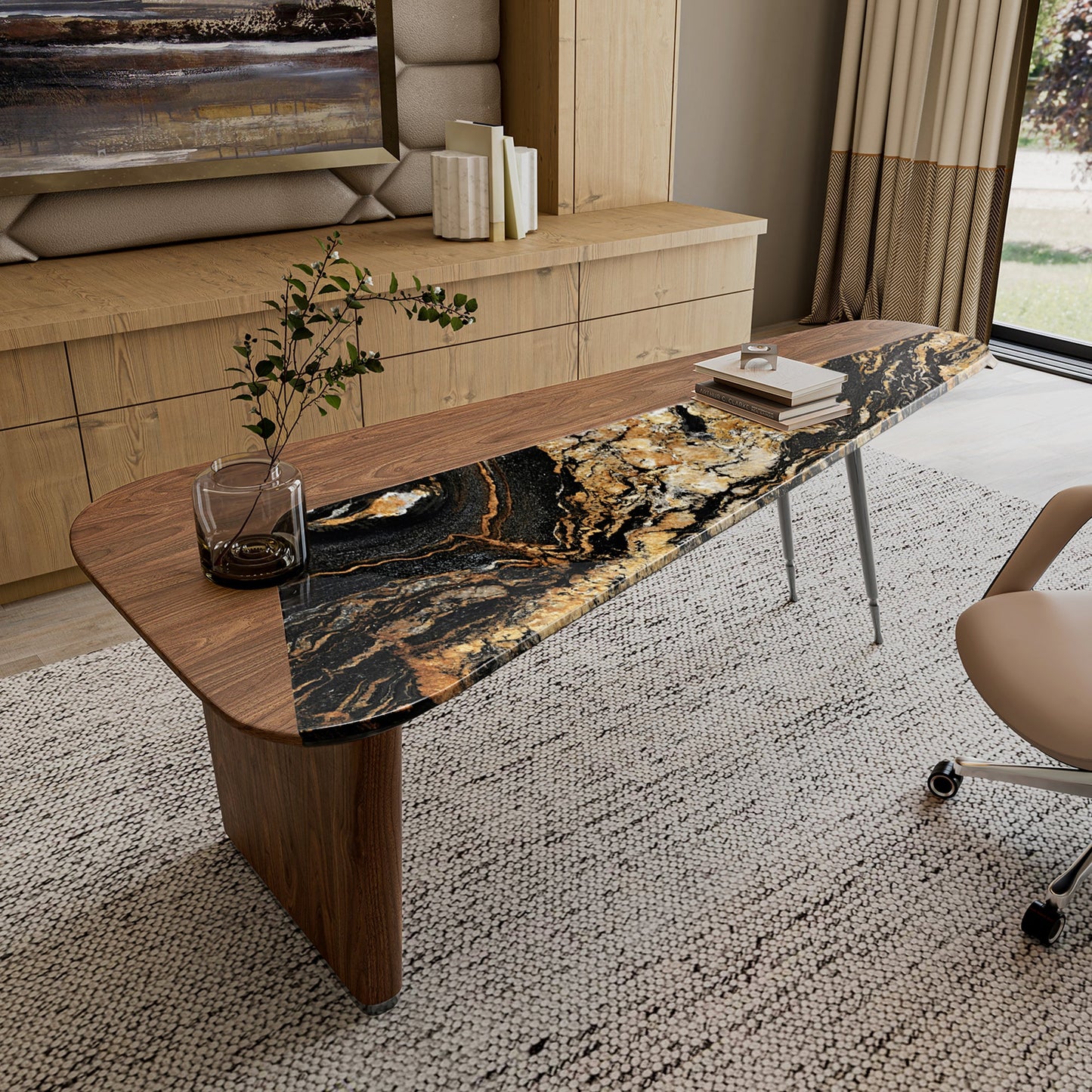 [Coming Soon] Magma, Natural Marble & Wood Top Office Desk (86"x37")