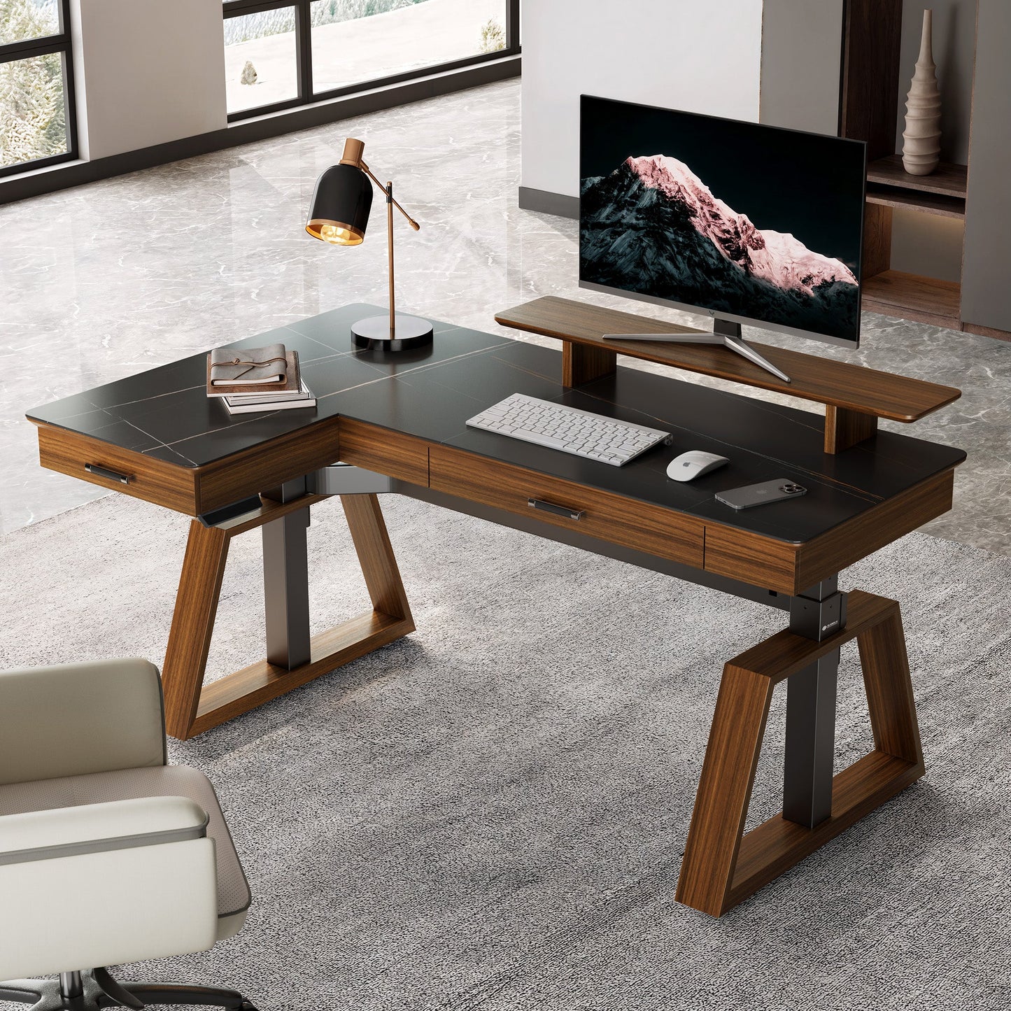 Ark Pro L-Shaped Standing Desk (Sintered Stone, 63"x23")