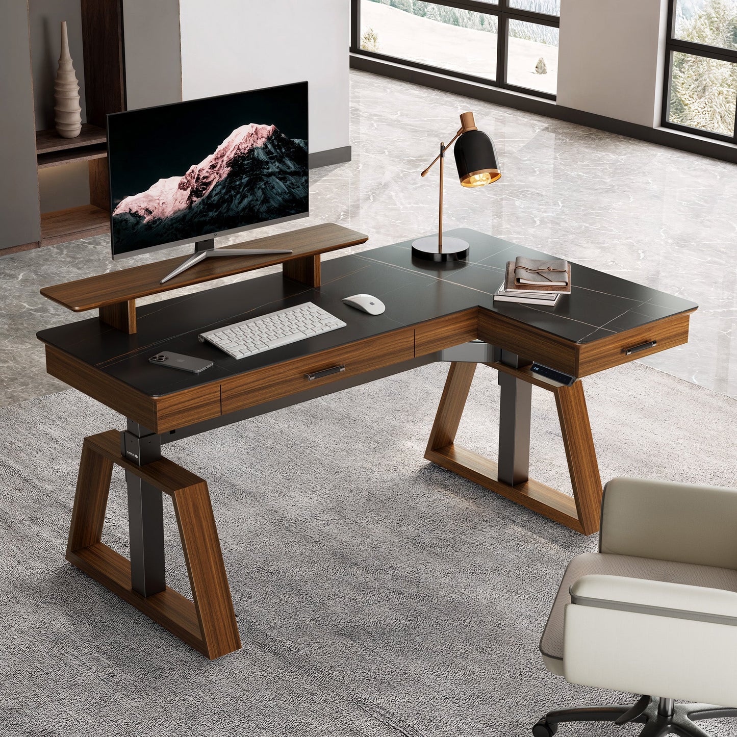 Ark Pro L-Shaped Standing Desk (Sintered Stone, 63"x23")