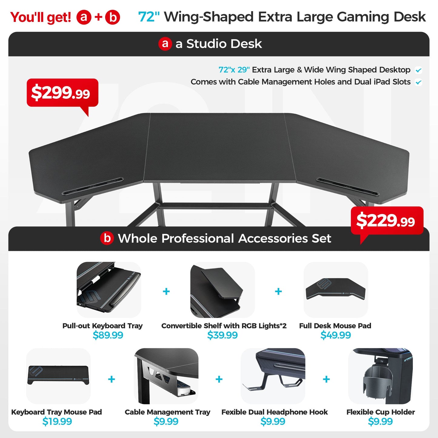 Aero Wing Shaped Studio Desk (73"x23")