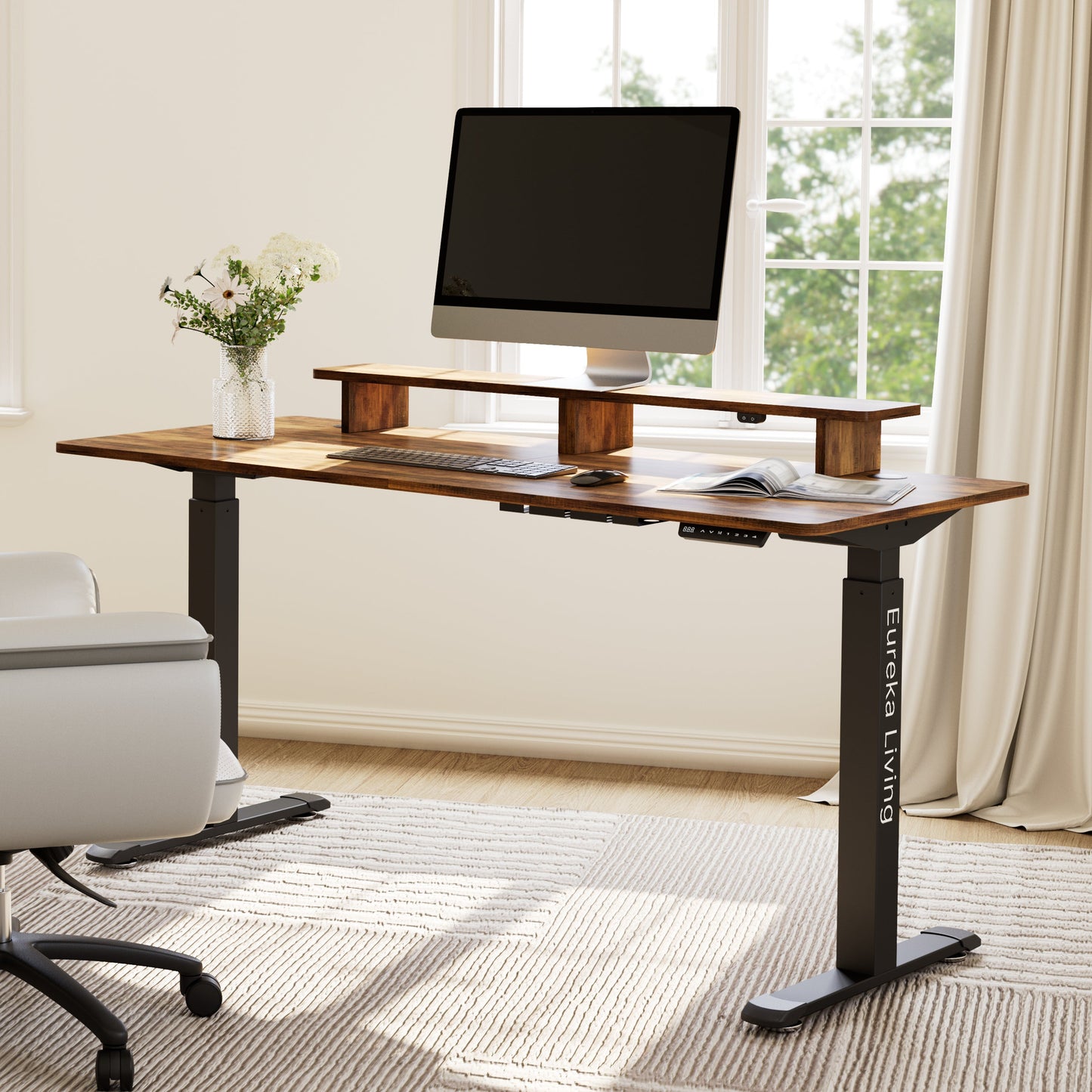 63" x 29" Walnut Height Adjustable Desk with RGB Monitor Stand