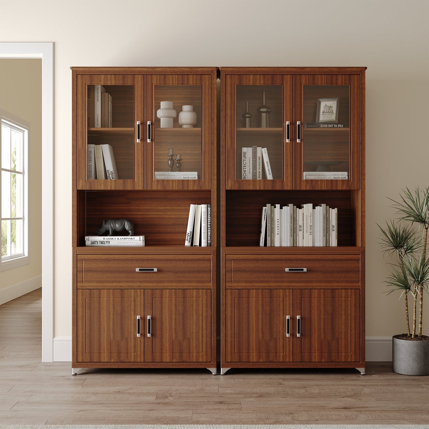 72'' Storage Bookcase with Doors and Shelves, Walnut