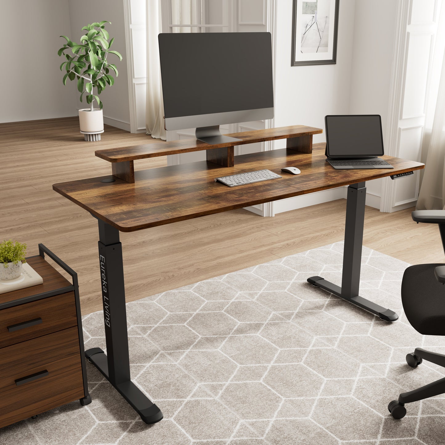 63" x 29" Walnut Height Adjustable Desk with RGB Monitor Stand