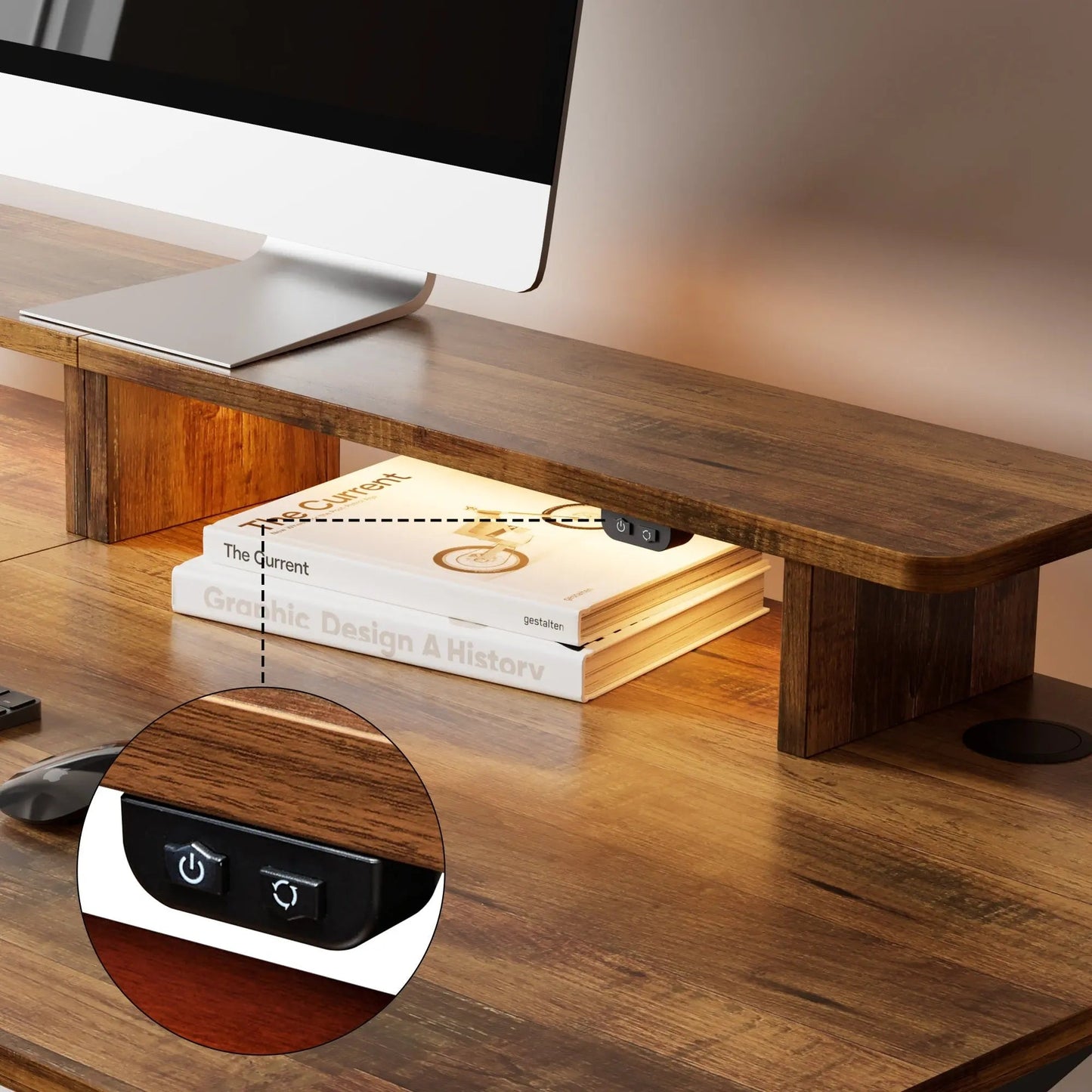63" x 29" Walnut Height Adjustable Desk with RGB Monitor Stand