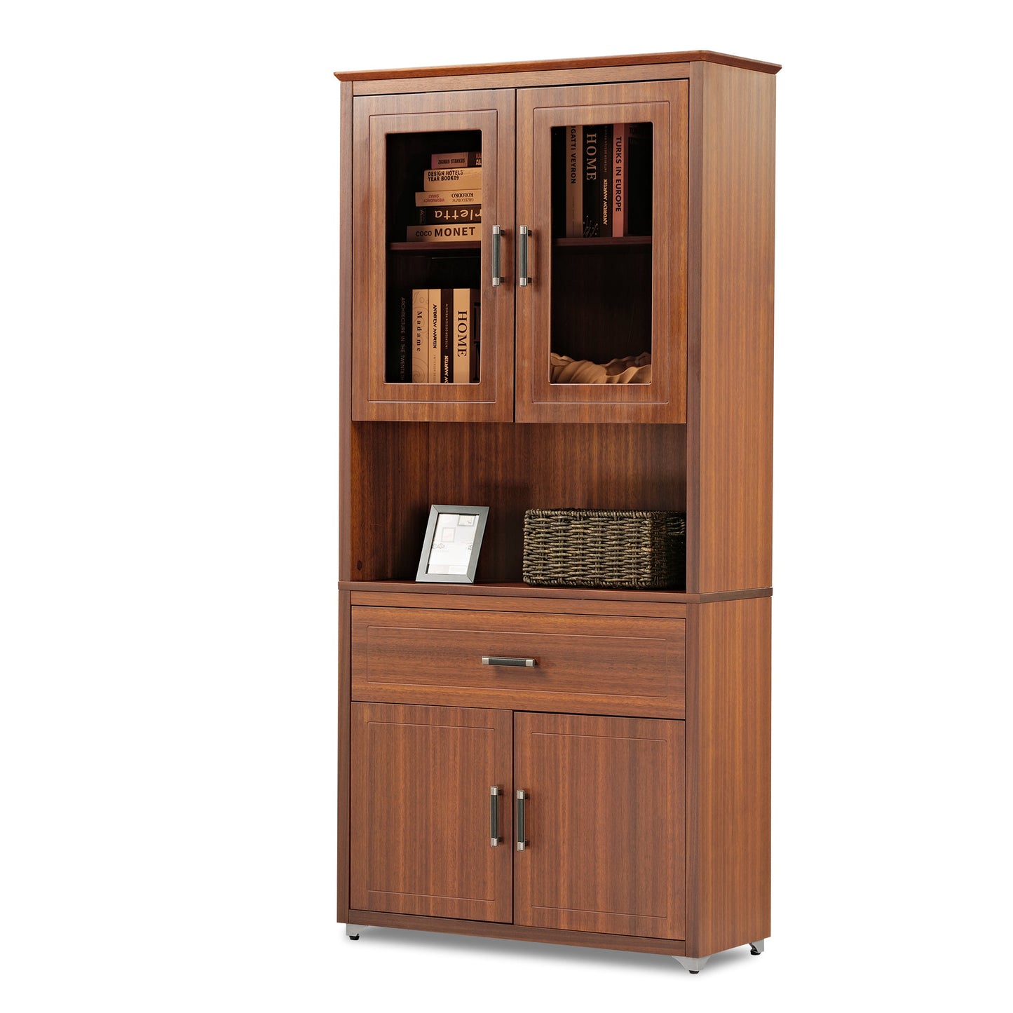 72'' Storage Bookcase with Doors and Shelves, Walnut