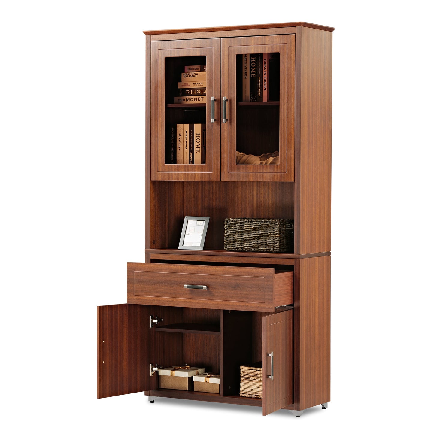 72'' Storage Bookcase with Doors and Shelves, Walnut