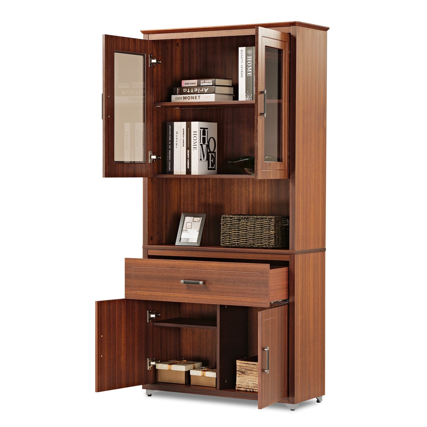 72'' Storage Bookcase with Doors and Shelves, Walnut