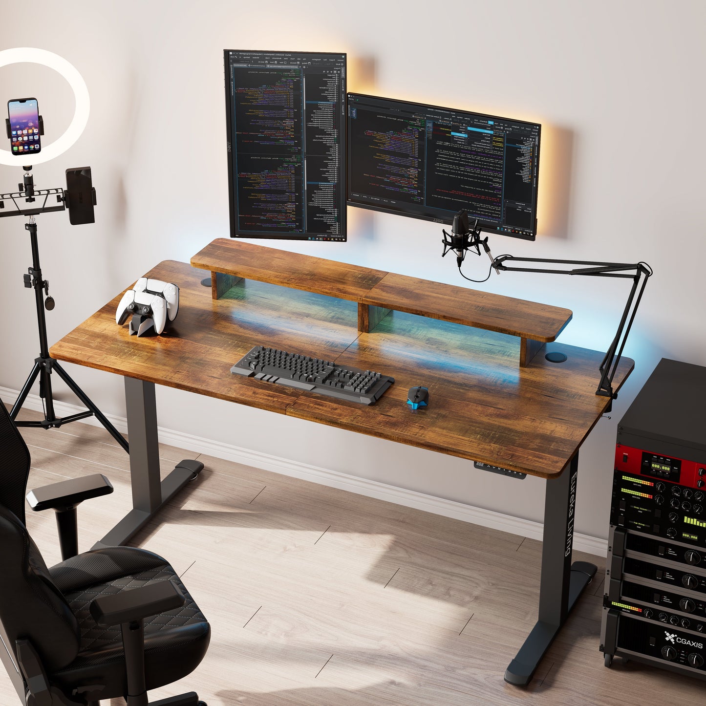 63" x 29" Walnut Height Adjustable Desk with RGB Monitor Stand