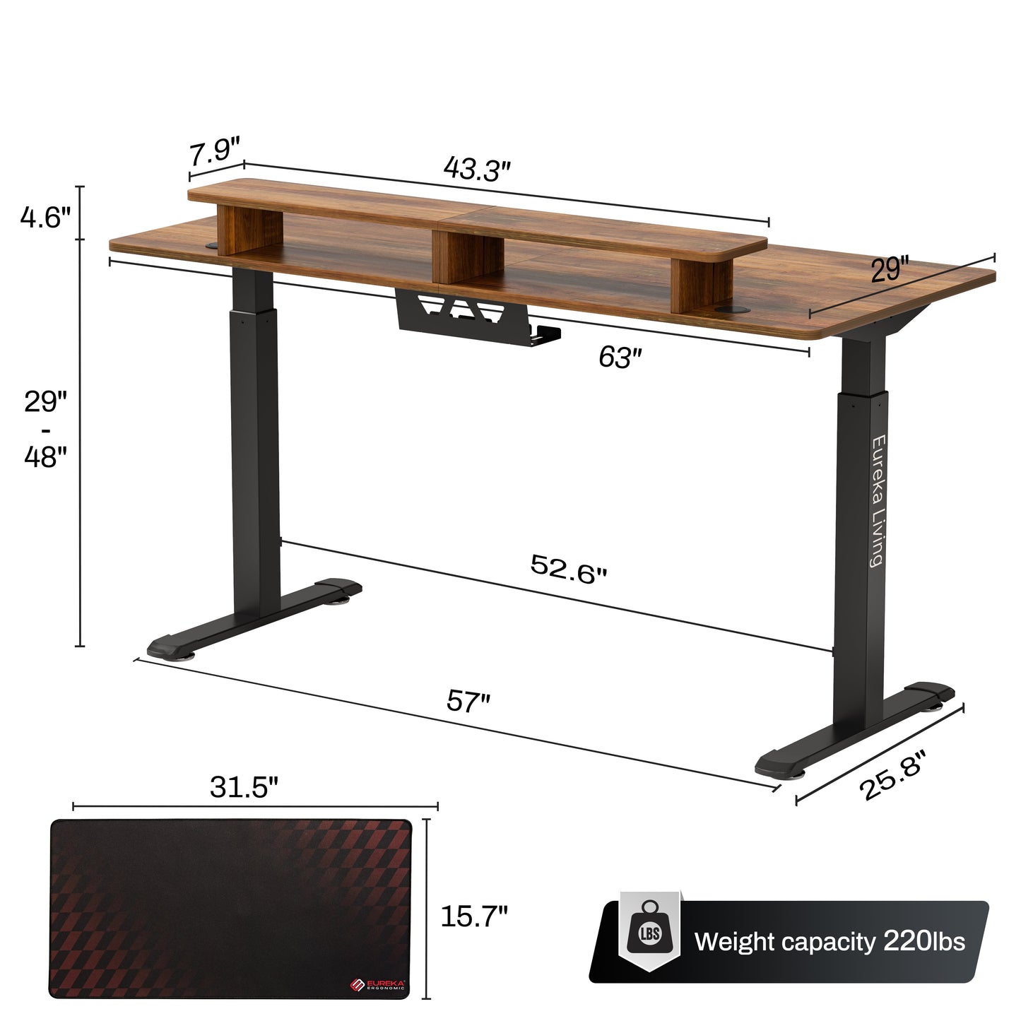63" x 29" Walnut Height Adjustable Desk with RGB Monitor Stand