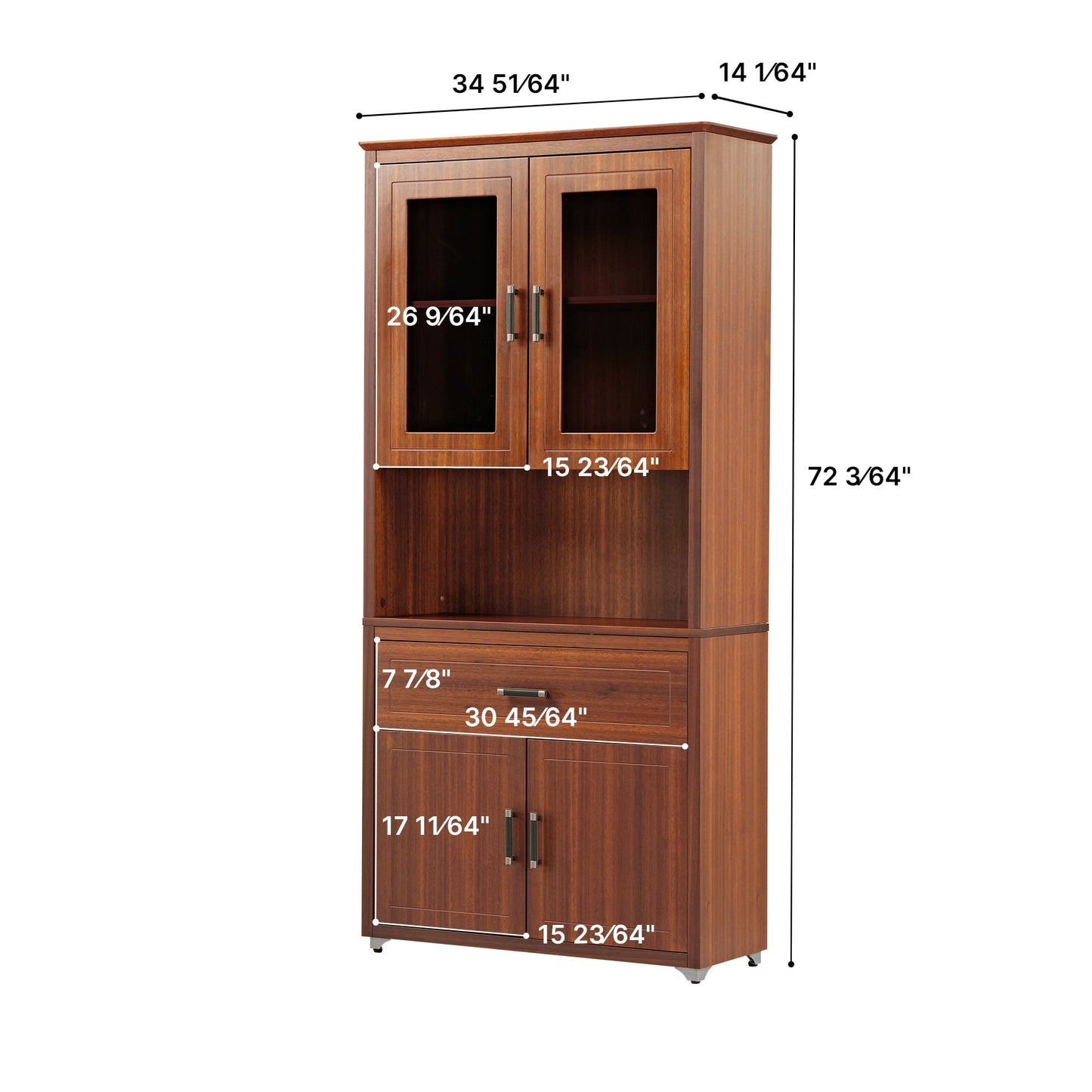 72'' Storage Bookcase with Doors and Shelves, Walnut