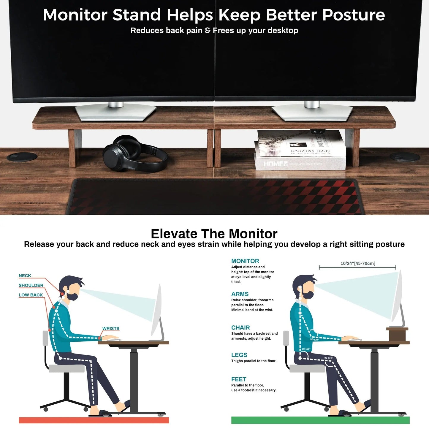 63" x 29" Walnut Height Adjustable Desk with RGB Monitor Stand