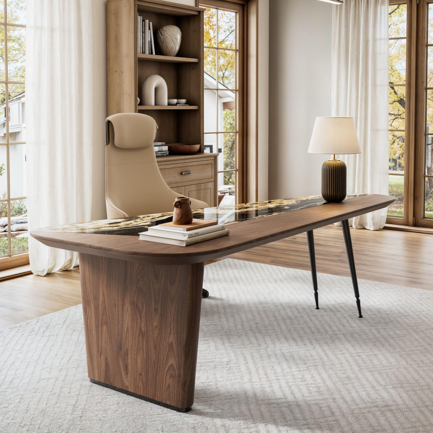 [Coming Soon] Magma, Natural Marble & Wood Top Office Desk (86"x37")