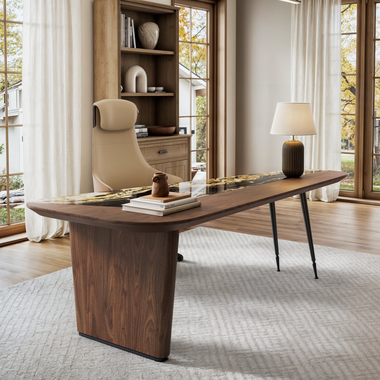 [Coming Soon] Magma, Natural Marble & Wood Top Office Desk (86"x37")
