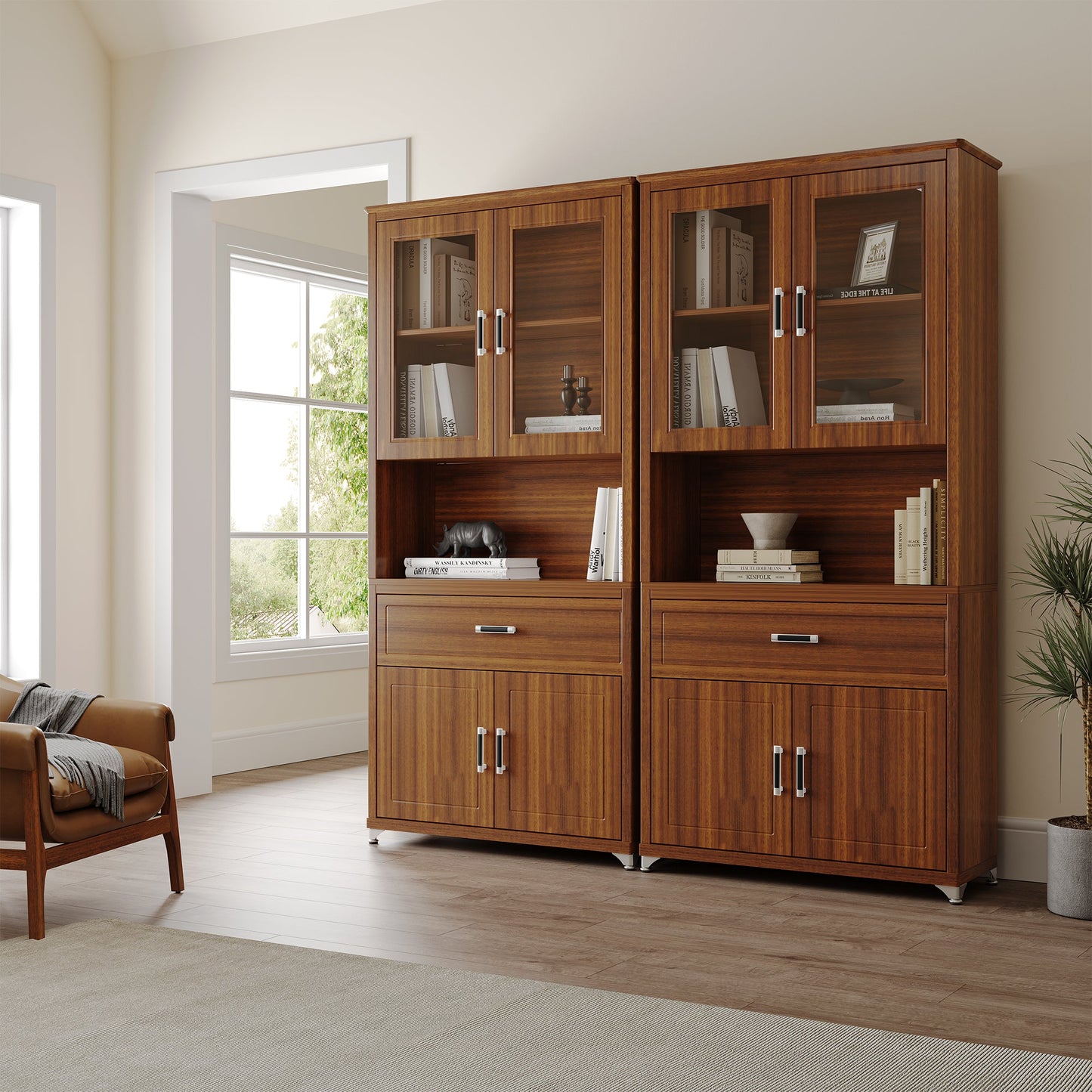 72'' Storage Bookcase with Doors and Shelves, Walnut