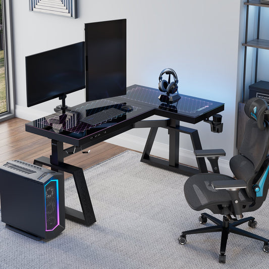 GTG-L60 Pro, L shaped Glass Gaming Standing Desk (60"x23")